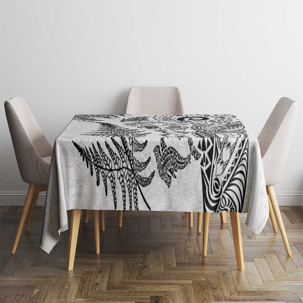 New Zealand Sea Animals Tablecloth with Maori Koru Tribal Tattoo and Silver Ferns White Color