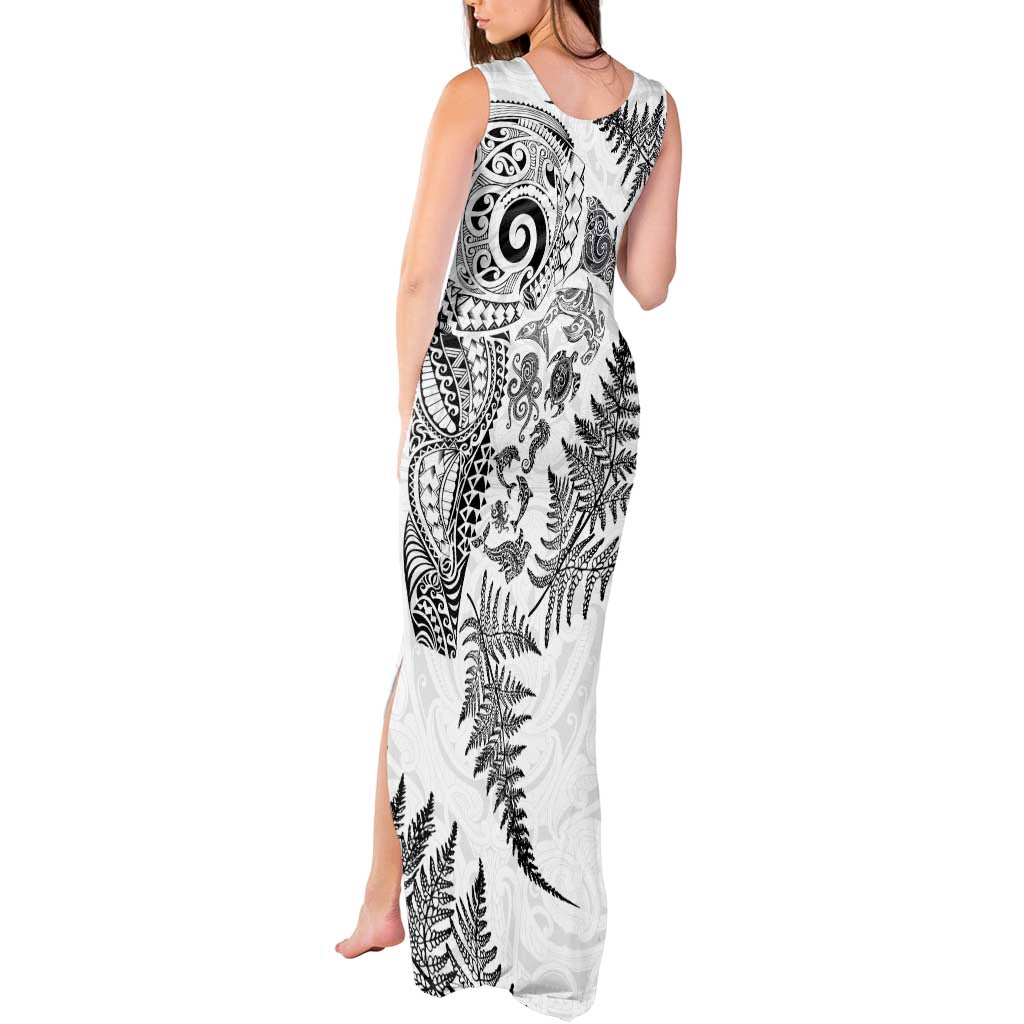 New Zealand Sea Animals Tank Maxi Dress with Maori Koru Tribal Tattoo and Silver Ferns White Color