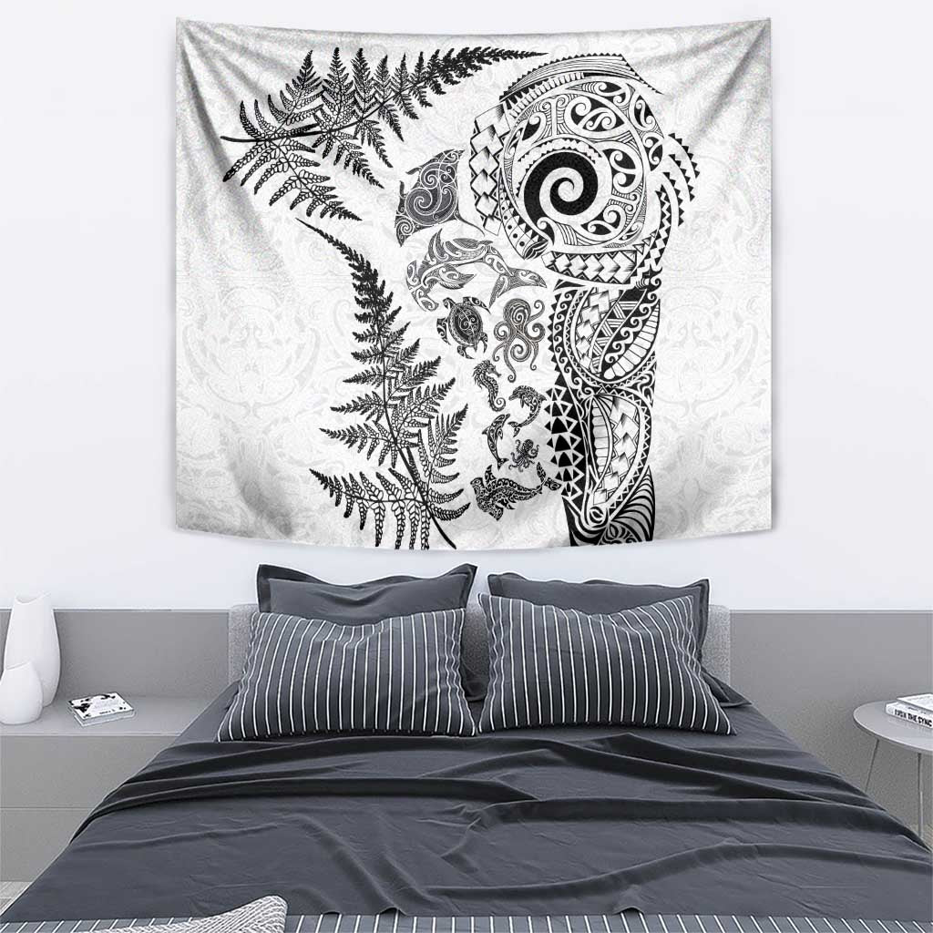 New Zealand Sea Animals Tapestry with Maori Koru Tribal Tattoo and Silver Ferns White Color