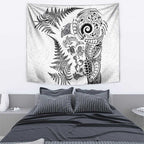 New Zealand Sea Animals Tapestry with Maori Koru Tribal Tattoo and Silver Ferns White Color