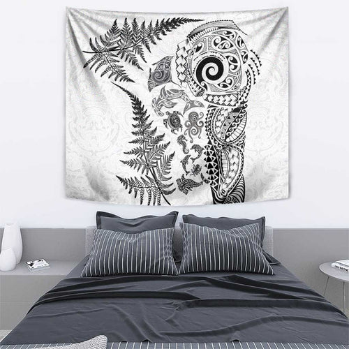 New Zealand Sea Animals Tapestry with Maori Koru Tribal Tattoo and Silver Ferns White Color