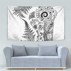 New Zealand Sea Animals Tapestry with Maori Koru Tribal Tattoo and Silver Ferns White Color