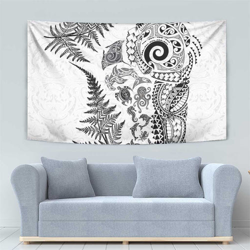 New Zealand Sea Animals Tapestry with Maori Koru Tribal Tattoo and Silver Ferns White Color
