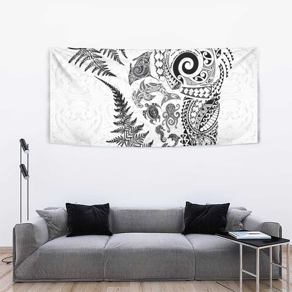 New Zealand Sea Animals Tapestry with Maori Koru Tribal Tattoo and Silver Ferns White Color