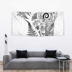 New Zealand Sea Animals Tapestry with Maori Koru Tribal Tattoo and Silver Ferns White Color