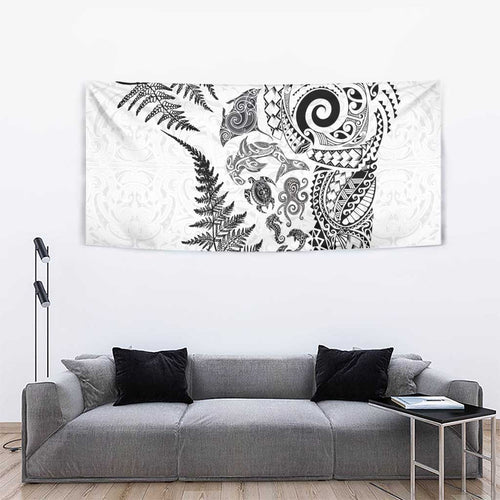 New Zealand Sea Animals Tapestry with Maori Koru Tribal Tattoo and Silver Ferns White Color