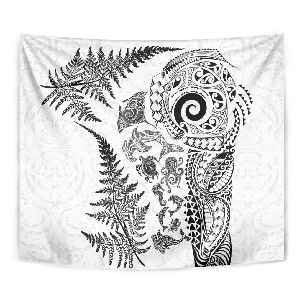 New Zealand Sea Animals Tapestry with Maori Koru Tribal Tattoo and Silver Ferns White Color