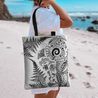 New Zealand Sea Animals Tote Bag with Maori Koru Tribal Tattoo and Silver Ferns White Color