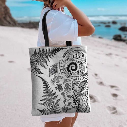 New Zealand Sea Animals Tote Bag with Maori Koru Tribal Tattoo and Silver Ferns White Color