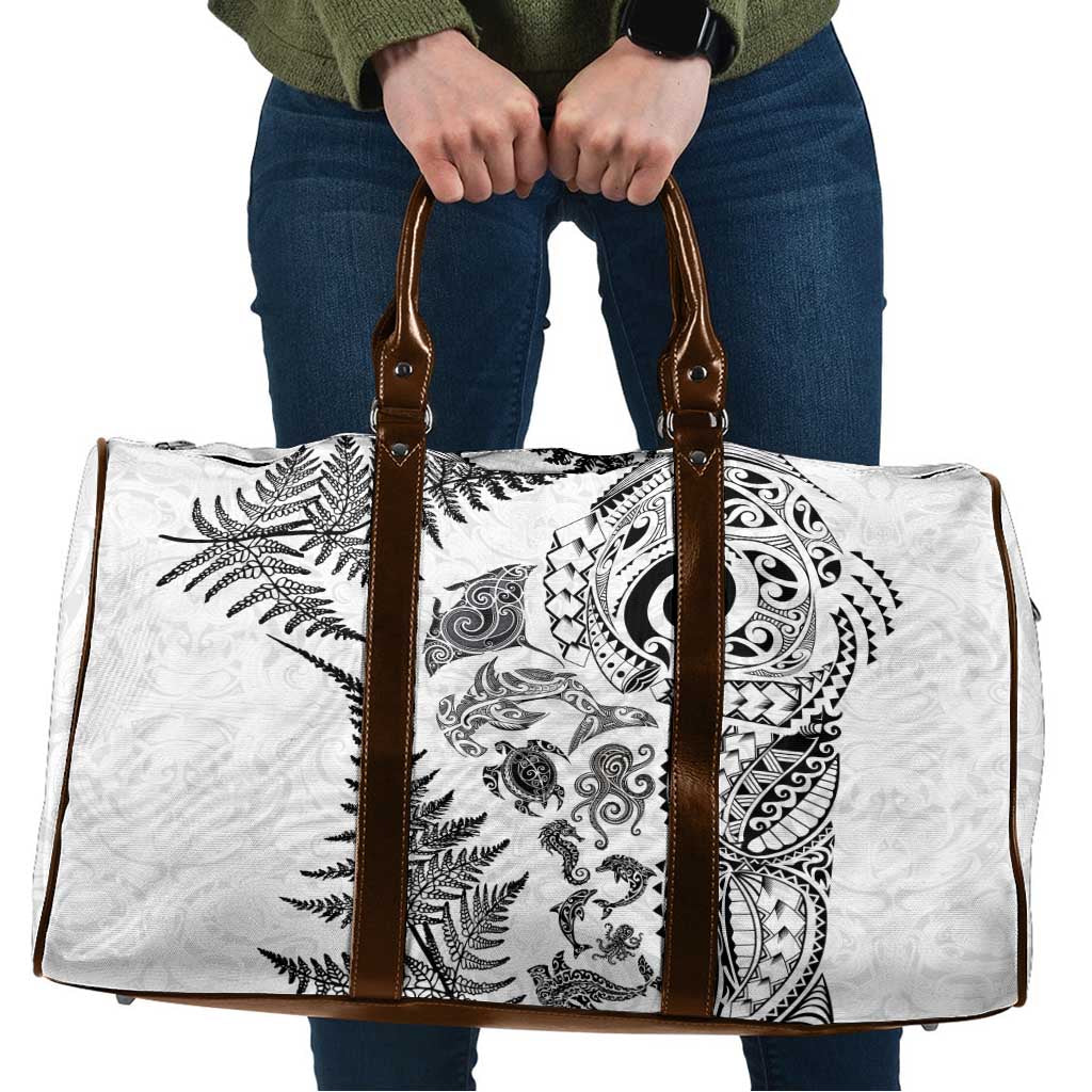 New Zealand Sea Animals Travel Bag with Maori Koru Tribal Tattoo and Silver Ferns White Color