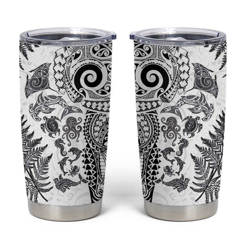 New Zealand Sea Animals Tumbler Cup with Maori Koru Tribal Tattoo and Silver Ferns White Color