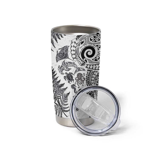New Zealand Sea Animals Tumbler Cup with Maori Koru Tribal Tattoo and Silver Ferns White Color