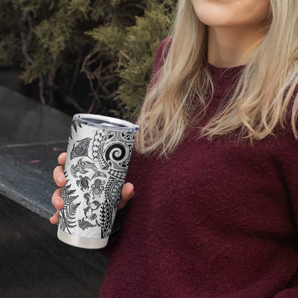 New Zealand Sea Animals Tumbler Cup with Maori Koru Tribal Tattoo and Silver Ferns White Color