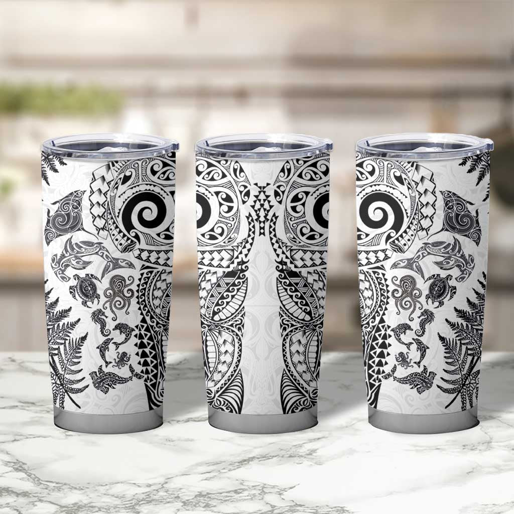 New Zealand Sea Animals Tumbler Cup with Maori Koru Tribal Tattoo and Silver Ferns White Color
