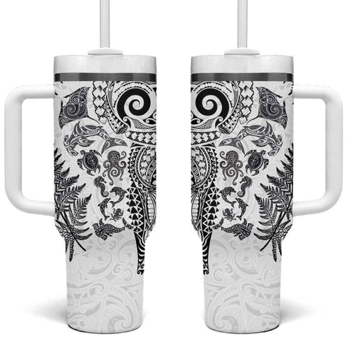 New Zealand Sea Animals Tumbler With Handle with Maori Koru Tribal Tattoo and Silver Ferns White Color