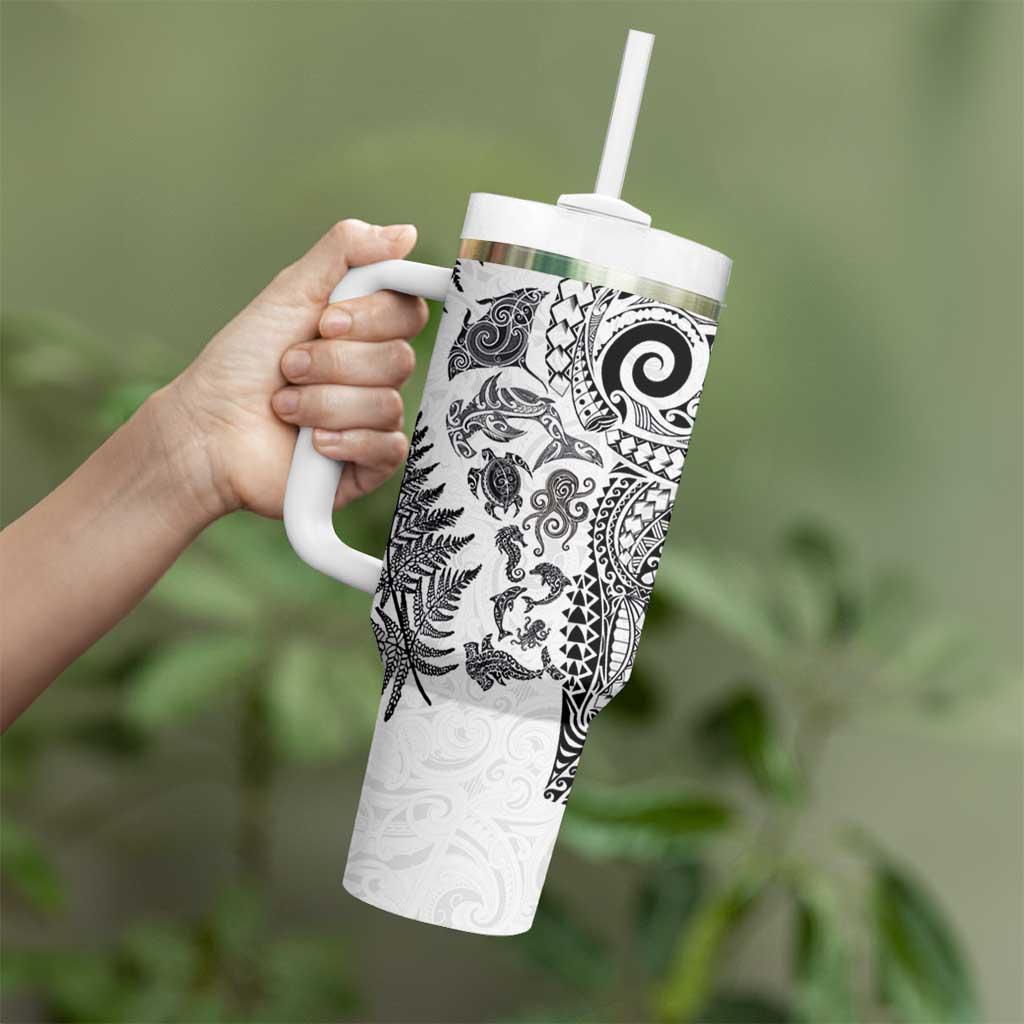 New Zealand Sea Animals Tumbler With Handle with Maori Koru Tribal Tattoo and Silver Ferns White Color