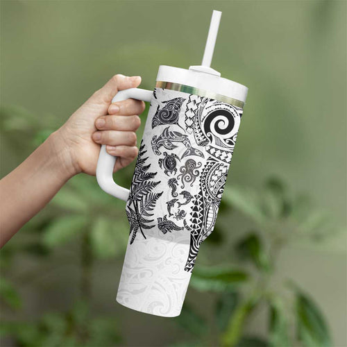 New Zealand Sea Animals Tumbler With Handle with Maori Koru Tribal Tattoo and Silver Ferns White Color