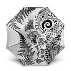 New Zealand Sea Animals Umbrella with Maori Koru Tribal Tattoo and Silver Ferns White Color