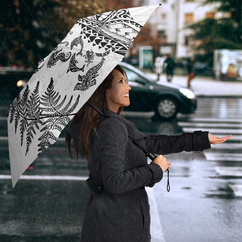 New Zealand Sea Animals Umbrella with Maori Koru Tribal Tattoo and Silver Ferns White Color