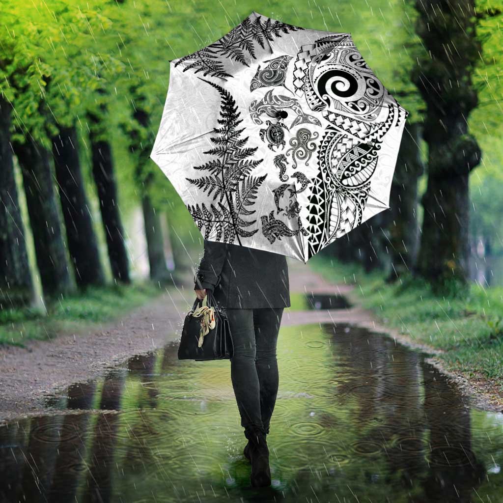 New Zealand Sea Animals Umbrella with Maori Koru Tribal Tattoo and Silver Ferns White Color