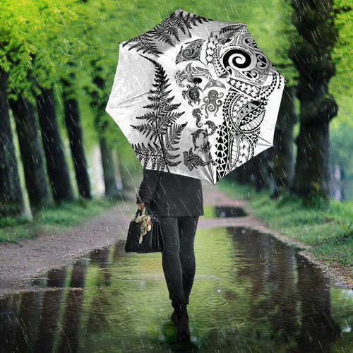 New Zealand Sea Animals Umbrella with Maori Koru Tribal Tattoo and Silver Ferns White Color