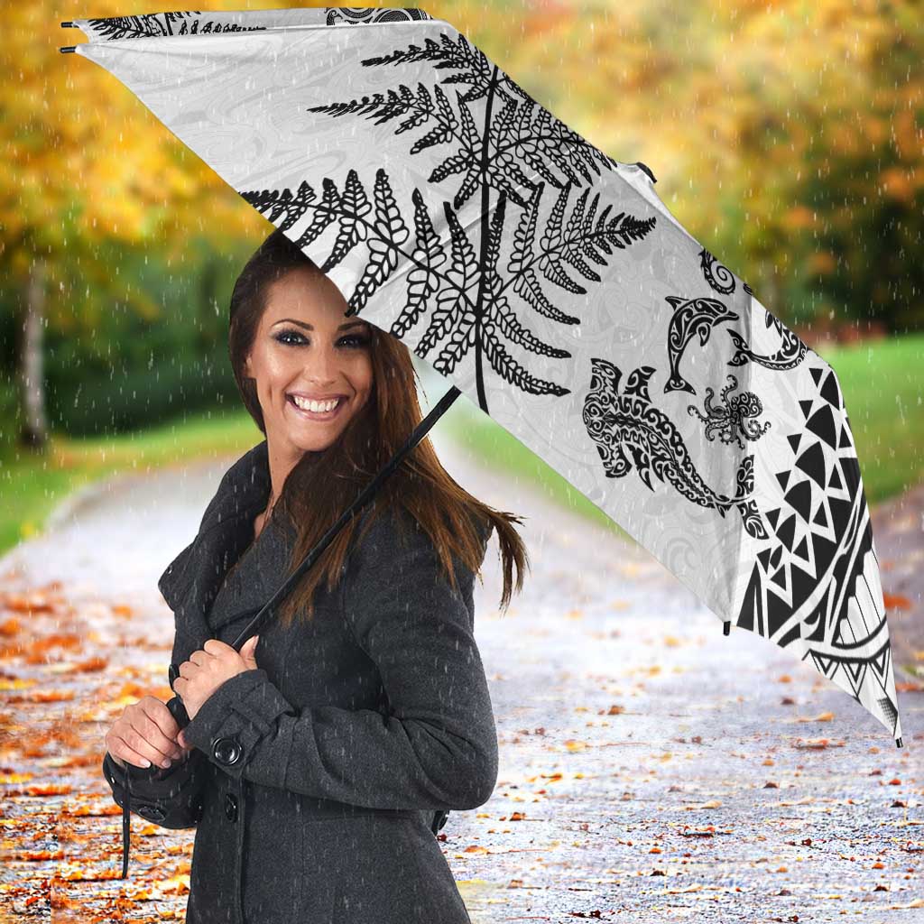 New Zealand Sea Animals Umbrella with Maori Koru Tribal Tattoo and Silver Ferns White Color