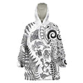 New Zealand Sea Animals Wearable Blanket Hoodie with Maori Koru Tribal Tattoo and Silver Ferns White Color
