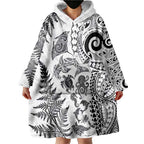 New Zealand Sea Animals Wearable Blanket Hoodie with Maori Koru Tribal Tattoo and Silver Ferns White Color