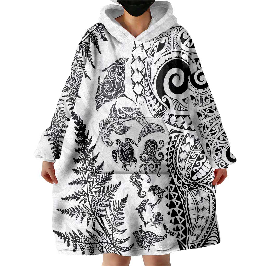 New Zealand Sea Animals Wearable Blanket Hoodie with Maori Koru Tribal Tattoo and Silver Ferns White Color
