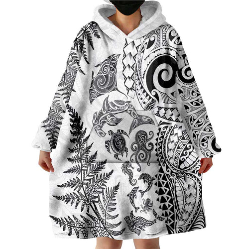 New Zealand Sea Animals Wearable Blanket Hoodie with Maori Koru Tribal Tattoo and Silver Ferns White Color