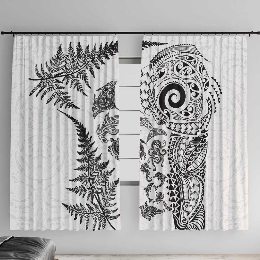 New Zealand Sea Animals Window Curtain with Maori Koru Tribal Tattoo and Silver Ferns White Color