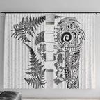 New Zealand Sea Animals Window Curtain with Maori Koru Tribal Tattoo and Silver Ferns White Color
