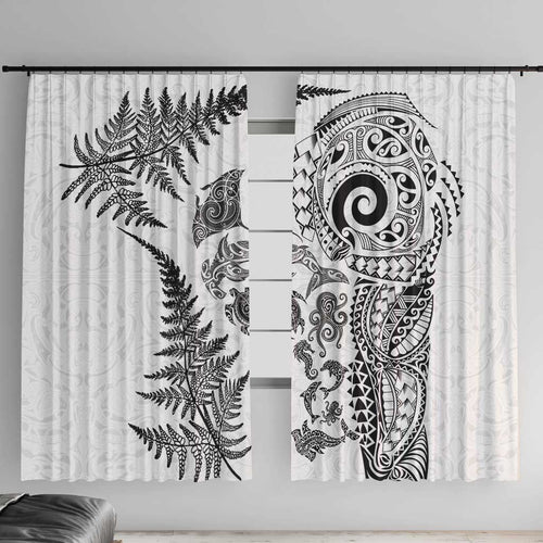New Zealand Sea Animals Window Curtain with Maori Koru Tribal Tattoo and Silver Ferns White Color