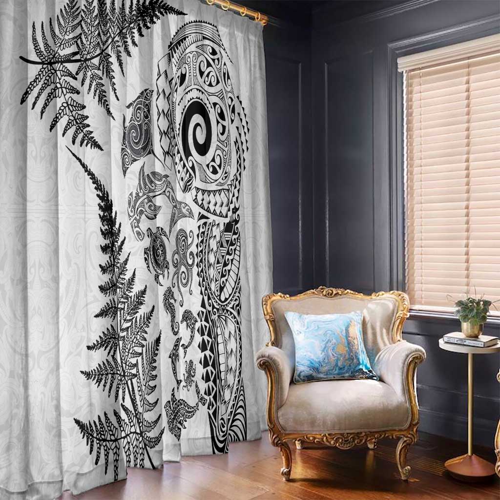 New Zealand Sea Animals Window Curtain with Maori Koru Tribal Tattoo and Silver Ferns White Color