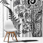 New Zealand Sea Animals Window Curtain with Maori Koru Tribal Tattoo and Silver Ferns White Color