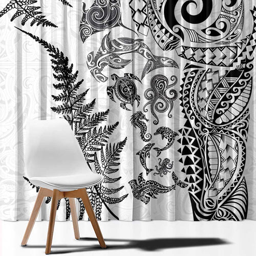 New Zealand Sea Animals Window Curtain with Maori Koru Tribal Tattoo and Silver Ferns White Color