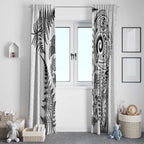 New Zealand Sea Animals Window Curtain with Maori Koru Tribal Tattoo and Silver Ferns White Color