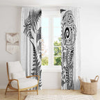New Zealand Sea Animals Window Curtain with Maori Koru Tribal Tattoo and Silver Ferns White Color