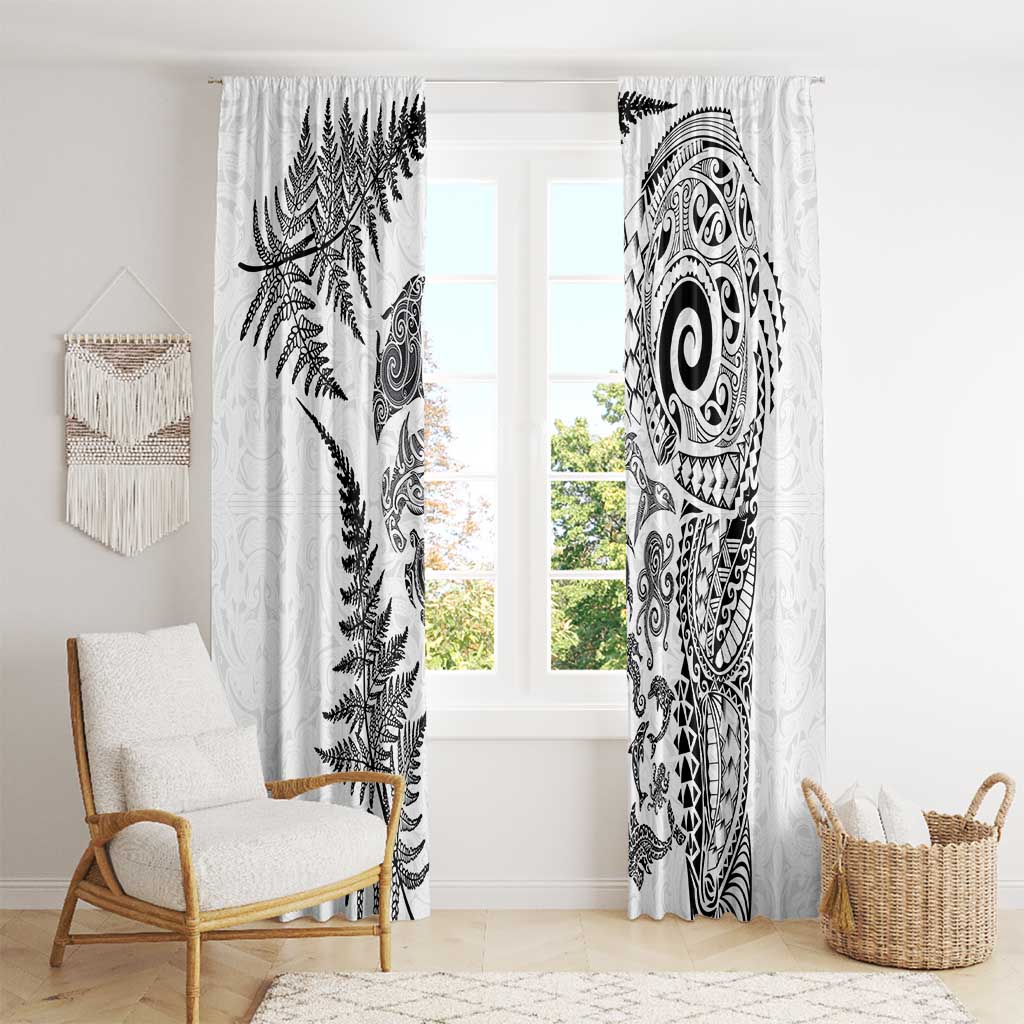 New Zealand Sea Animals Window Curtain with Maori Koru Tribal Tattoo and Silver Ferns White Color