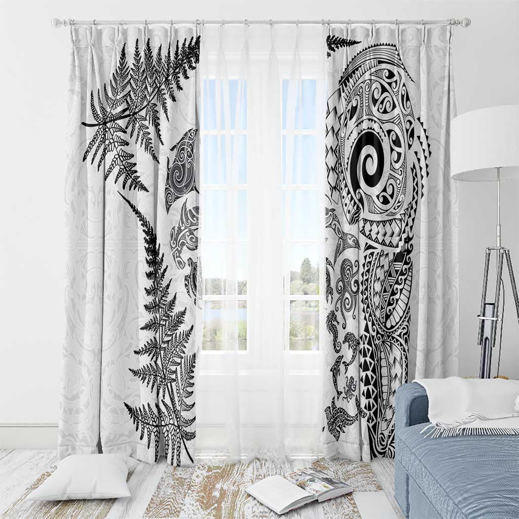 New Zealand Sea Animals Window Curtain with Maori Koru Tribal Tattoo and Silver Ferns White Color