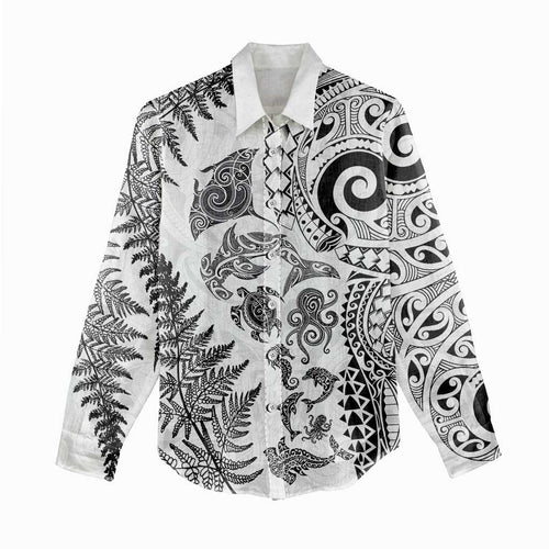 New Zealand Sea Animals Women Casual Shirt with Maori Koru Tribal Tattoo and Silver Ferns White Color