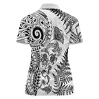 New Zealand Sea Animals Women Polo Shirt with Maori Koru Tribal Tattoo and Silver Ferns White Color