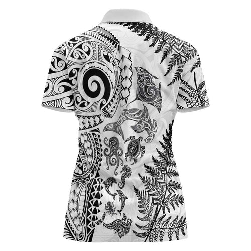 New Zealand Sea Animals Women Polo Shirt with Maori Koru Tribal Tattoo and Silver Ferns White Color