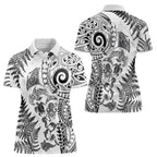 New Zealand Sea Animals Women Polo Shirt with Maori Koru Tribal Tattoo and Silver Ferns White Color