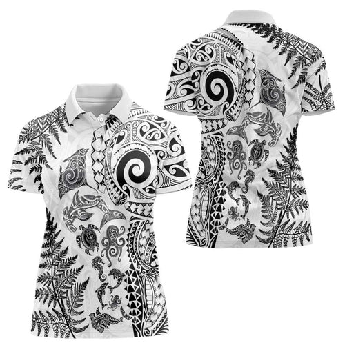 New Zealand Sea Animals Women Polo Shirt with Maori Koru Tribal Tattoo and Silver Ferns White Color