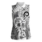 New Zealand Sea Animals Women Sleeveless Polo Shirt with Maori Koru Tribal Tattoo and Silver Ferns White Color