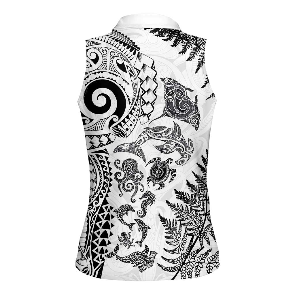 New Zealand Sea Animals Women Sleeveless Polo Shirt with Maori Koru Tribal Tattoo and Silver Ferns White Color