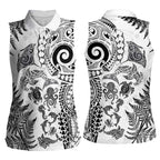 New Zealand Sea Animals Women Sleeveless Polo Shirt with Maori Koru Tribal Tattoo and Silver Ferns White Color