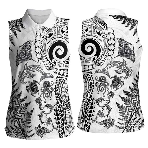 New Zealand Sea Animals Women Sleeveless Polo Shirt with Maori Koru Tribal Tattoo and Silver Ferns White Color