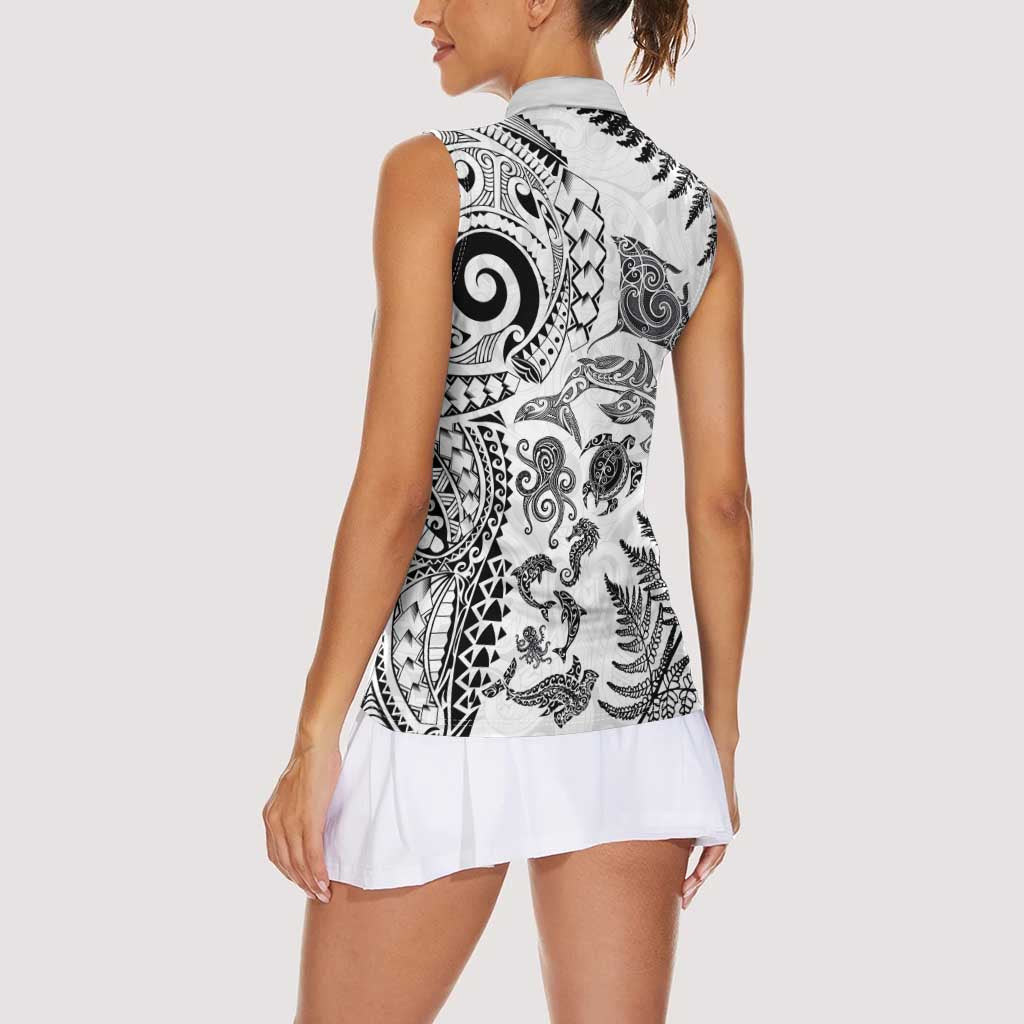 New Zealand Sea Animals Women Sleeveless Polo Shirt with Maori Koru Tribal Tattoo and Silver Ferns White Color